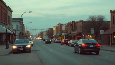 Midwestern main street lined with parked cars