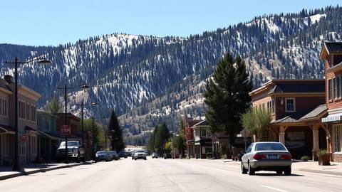 Mountain west town street with cars and pine covered hills