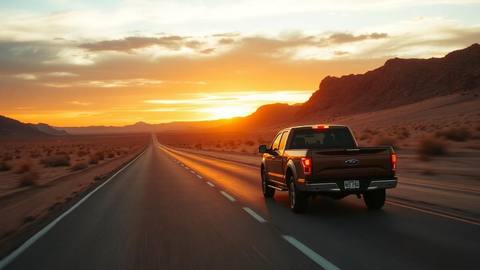 Pickup truck on a desert highway at sunset