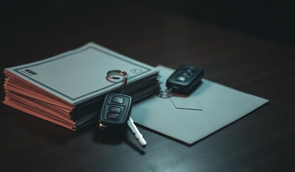 Stack of bills next to a set of car keys