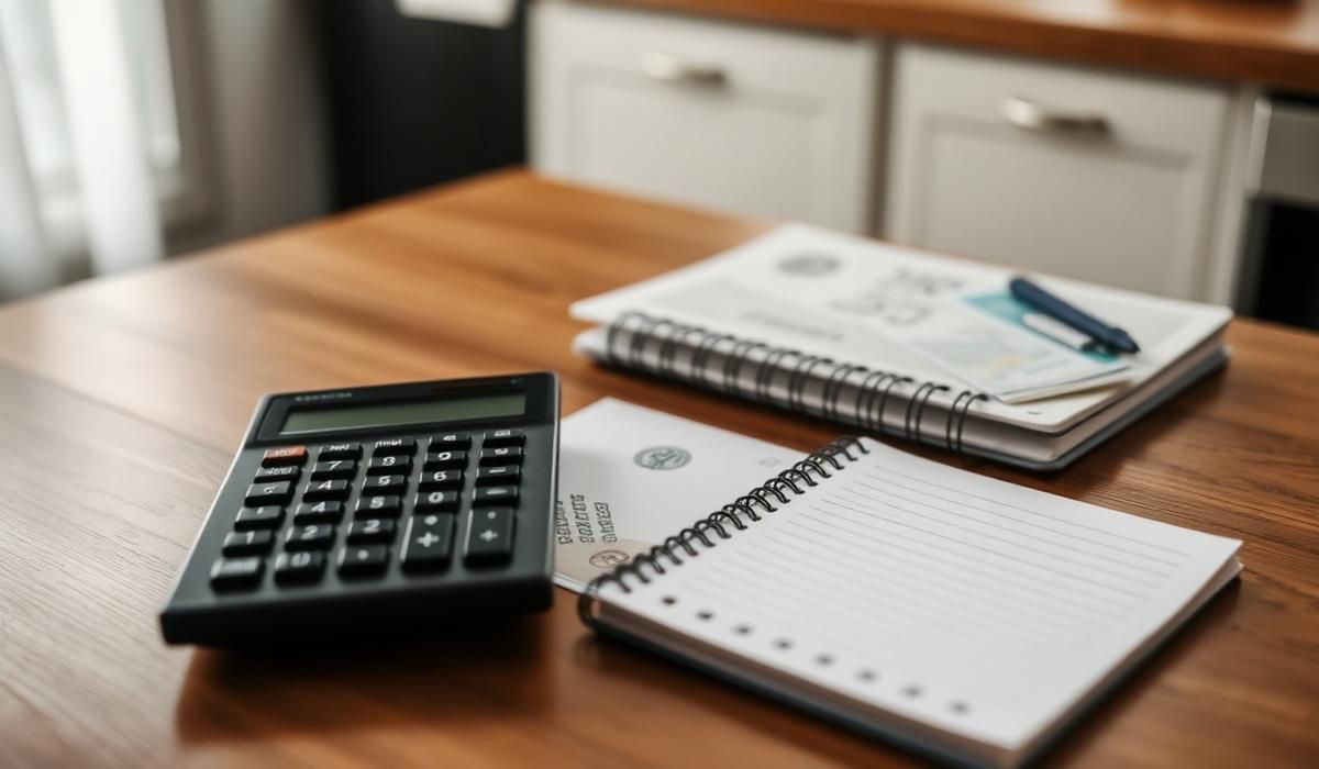 Calculator and budget notebook used to plan a title loan payoff