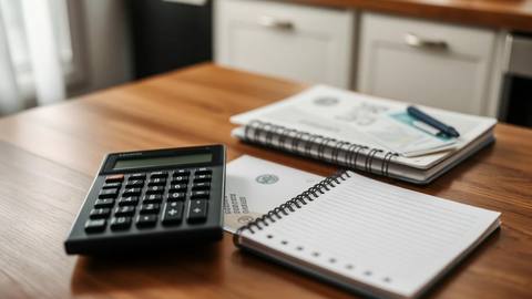 Calculator and budget notebook used to plan a title loan payoff