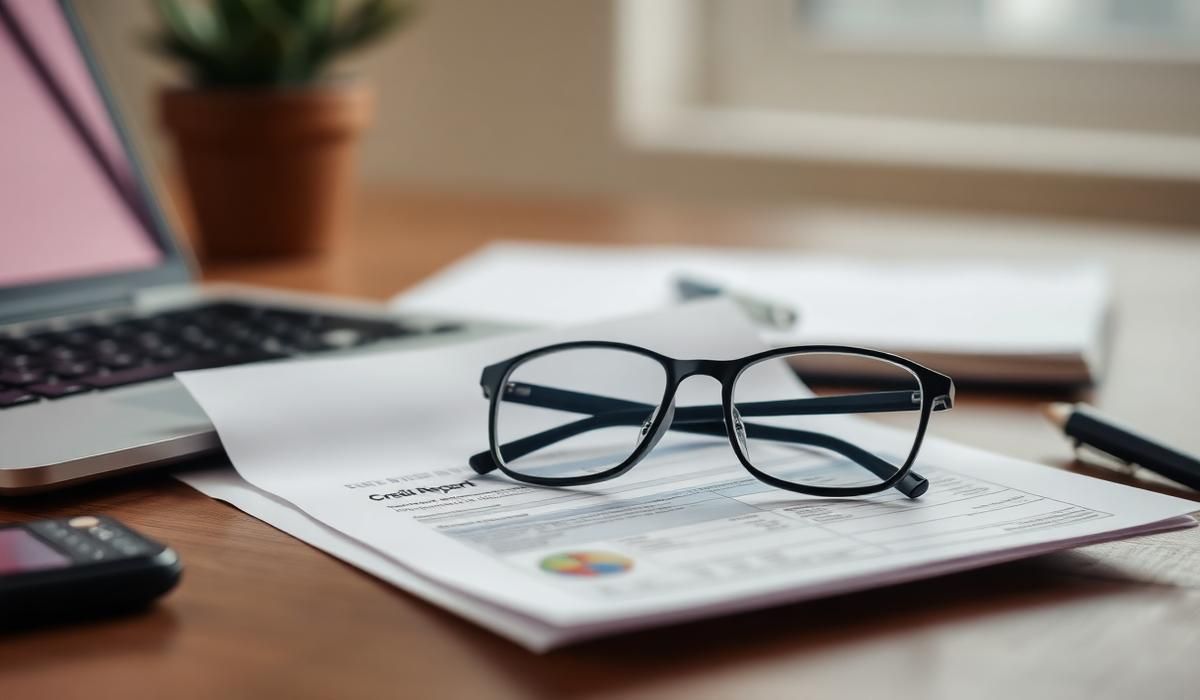Printed credit report and reading glasses on a desk