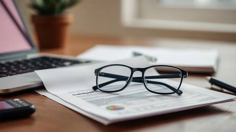 Printed credit report and reading glasses on a desk