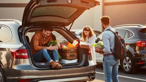 Family loading groceries into the back of their car
