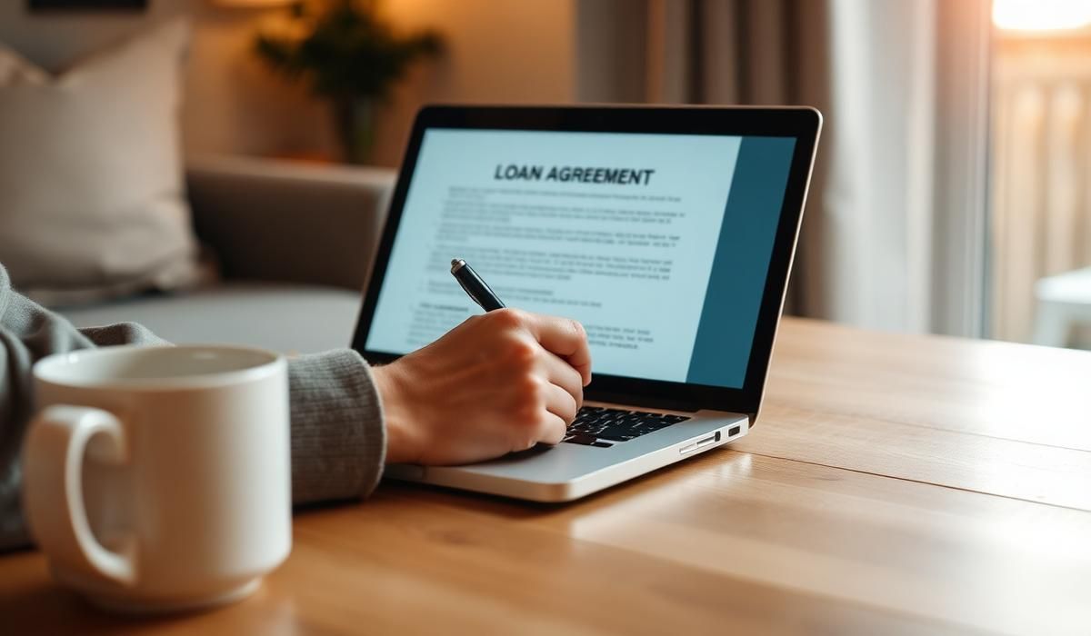 Person reviewing a loan agreement on a laptop at home