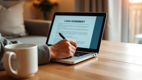 Person reviewing a loan agreement on a laptop at home