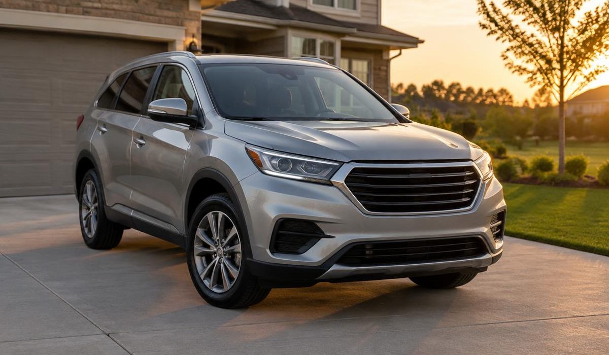 Silver SUV parked in a suburban driveway at sunset
