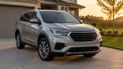 Silver SUV parked in a suburban driveway at sunset