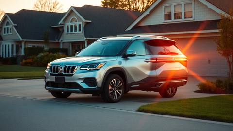 Silver SUV parked in a suburban driveway at sunset