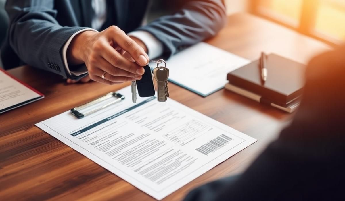 Car keys resting on vehicle title paperwork at a lending desk