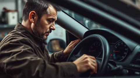 Inspector checking a vehicle odometer and dashboard